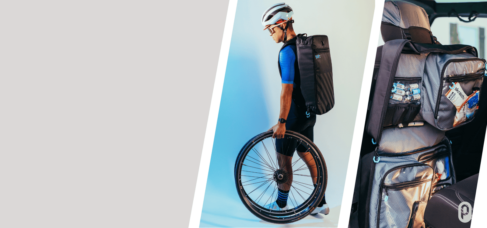 Two images in diagonal frames next to each other. First image shows standing male cyclist in helmet holding pair of wheels in one hand and wearing Parc cycling gear bag on his back using backpack straps. Second image to the right shows Parc cycling gear bag hanging from car headrest on back of car seat on driver side.