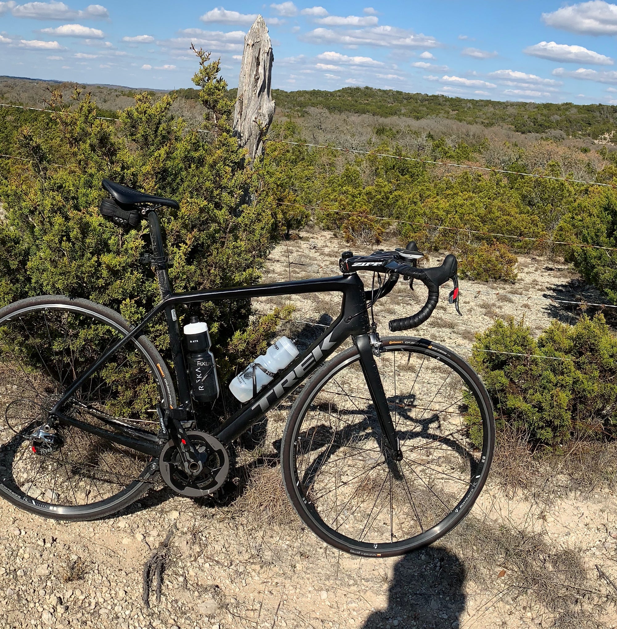 Used Trek road bike in front of Texas hill country view