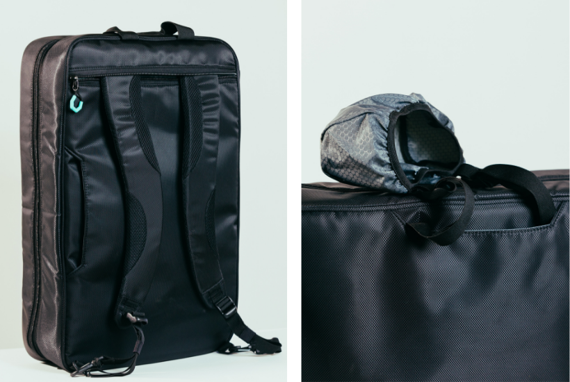 Two half width photos. The first shows backpack straps on the Parc cycling gear bag. The second shows the proprietary headrest hood.